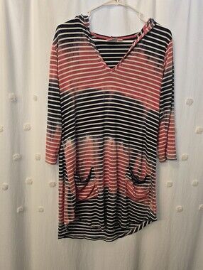 Women's Blue Carribean Striped V-Neck Hooded Swimsuit Cover Up Dress Size Medium